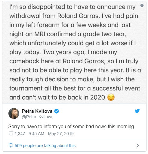 Petra Kvitova pulls out of French Open due to forearm injury